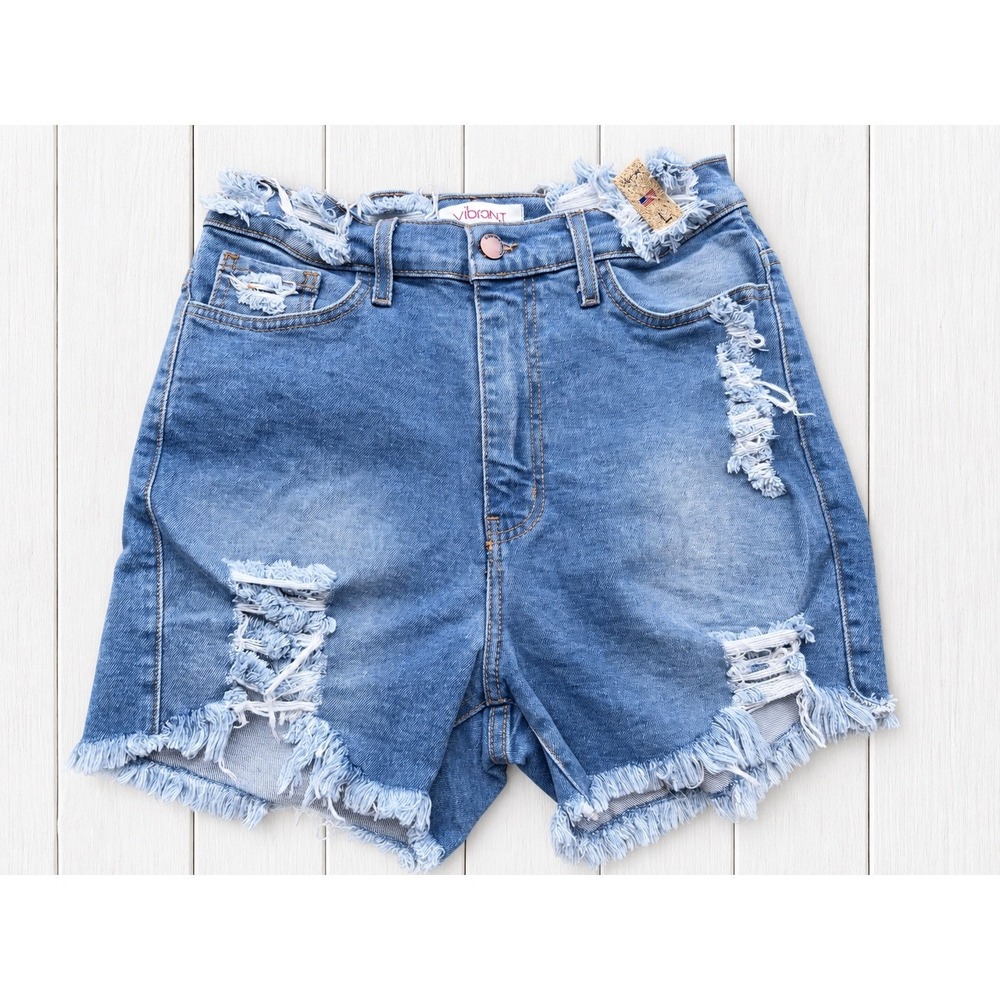 Vibrant M.I.U. Denim Shorts High Rise Distressed Frayed Hem Boho Summer Blue L